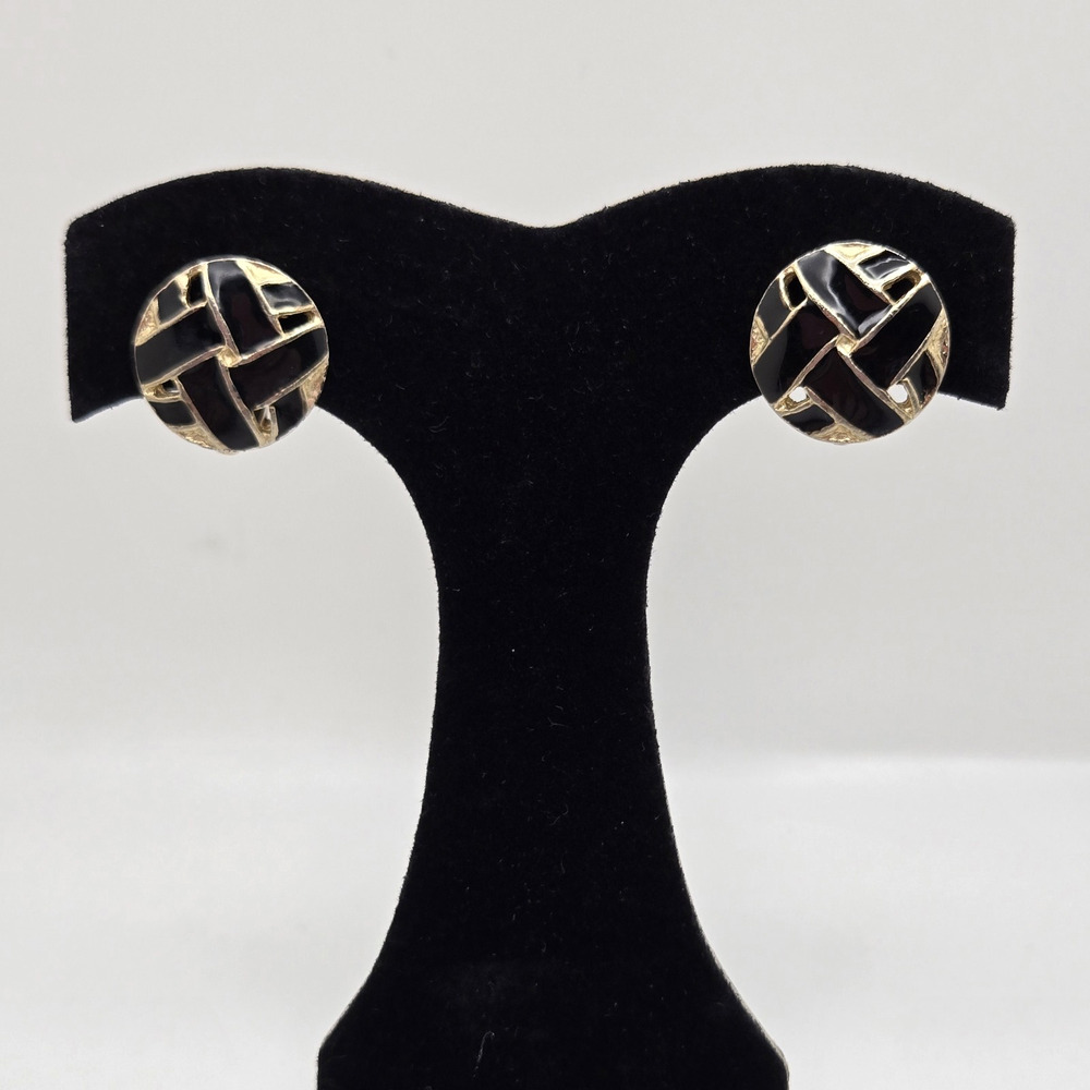 Vintage Earrings Black Enamel Goldtone Woven Clip Ons Retro Classic Midcentury